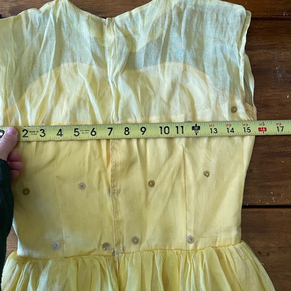 Vintage 50s Party Dress Dance Prom Yellow Satin Chiffon Fit Flare Size XS s - Picture 5 of 11